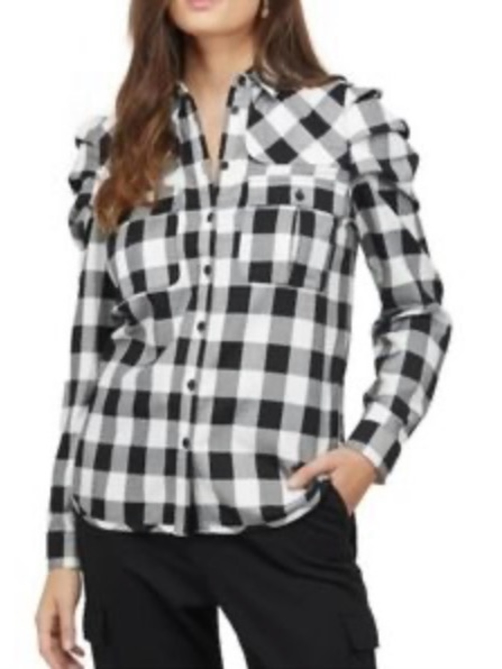 Badgley Mischka Buffalo Plaid Button Down Flannel Long Puffed Sleeve Shirt XS